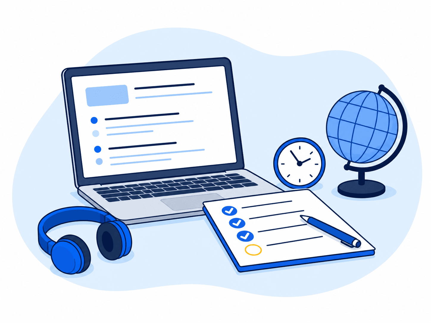 Laptop, checklist, clock, headphones, and globe arranged for reviewing a remote job listing